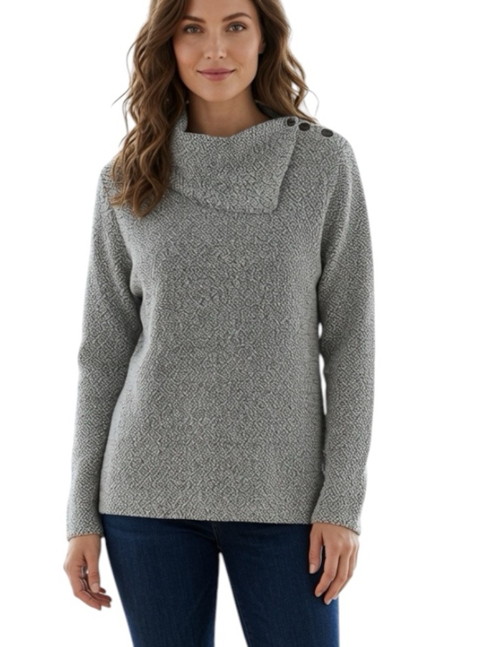 MERRELL: Gray Knit Button Shoulder w/asymmetrical Cowl Neck Sweater -Size Small